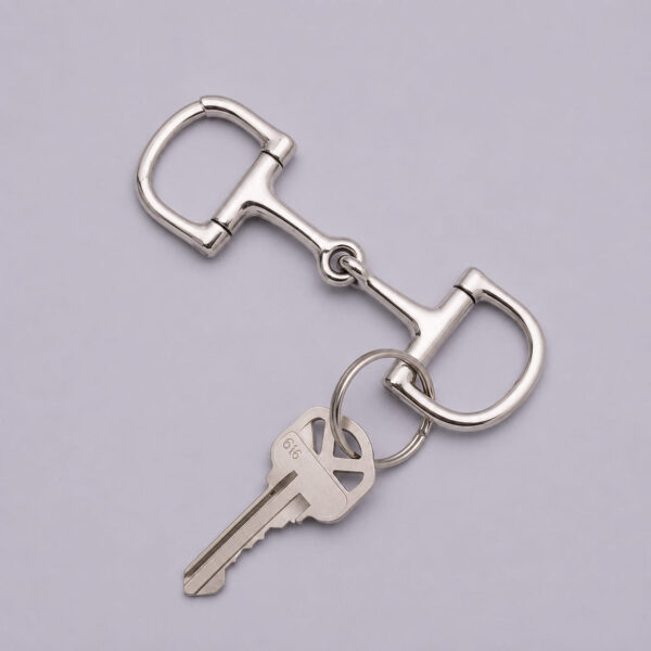 Heavy chrome D-ring snaffle bit keychain holding a key on one split ring.