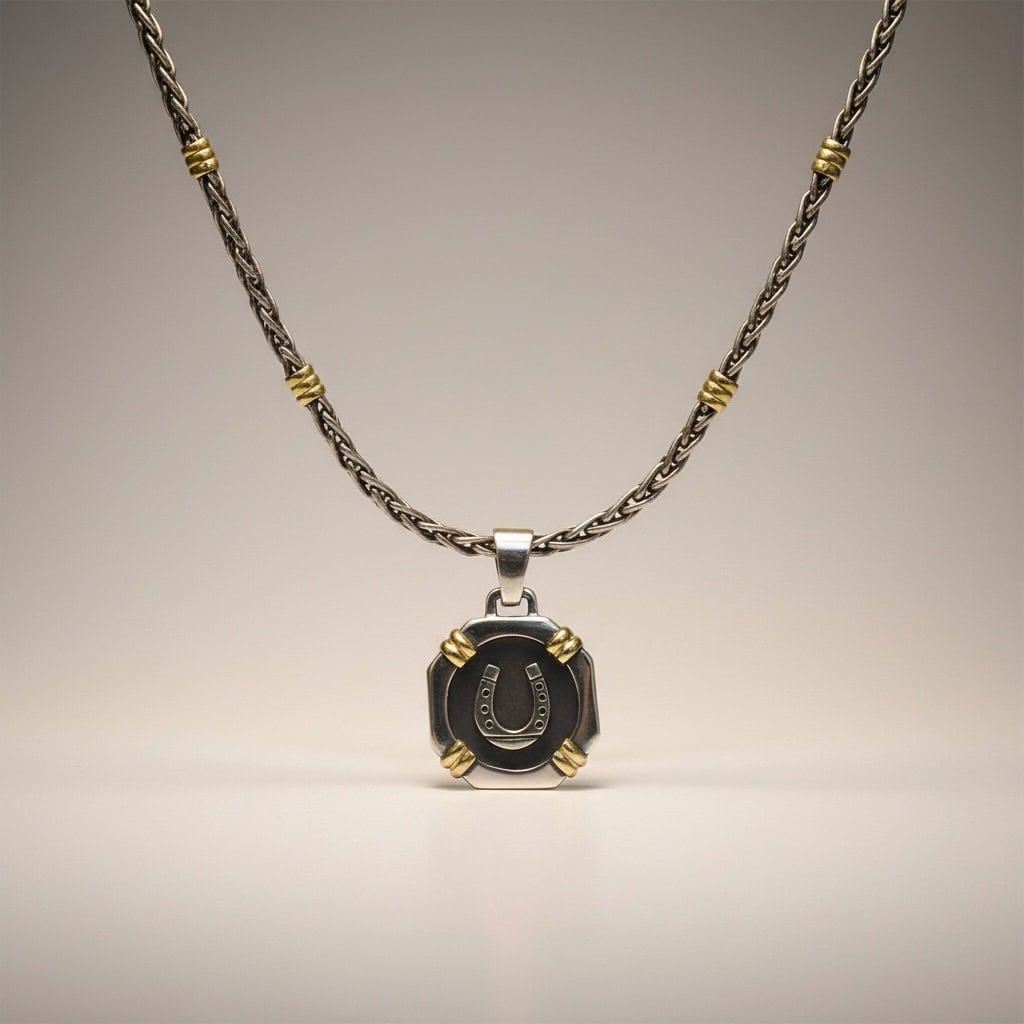 Horseshoe pendant on silver chain with gold details