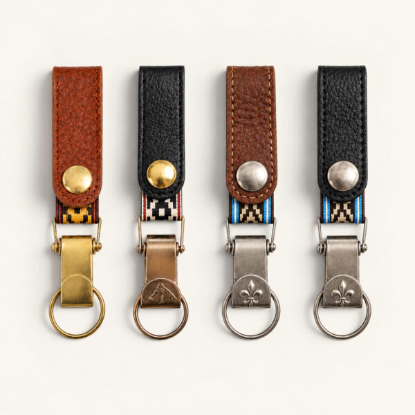Four leather belt clip keychains with Guarda Pampa bands, including two with Argentine flag trim and fleur-de-lis motifs.