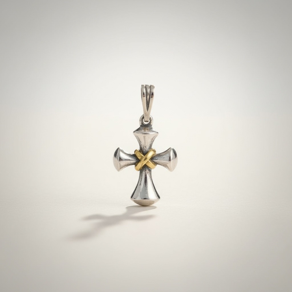 Love knot cross pendant in sterling silver with gold center close-up