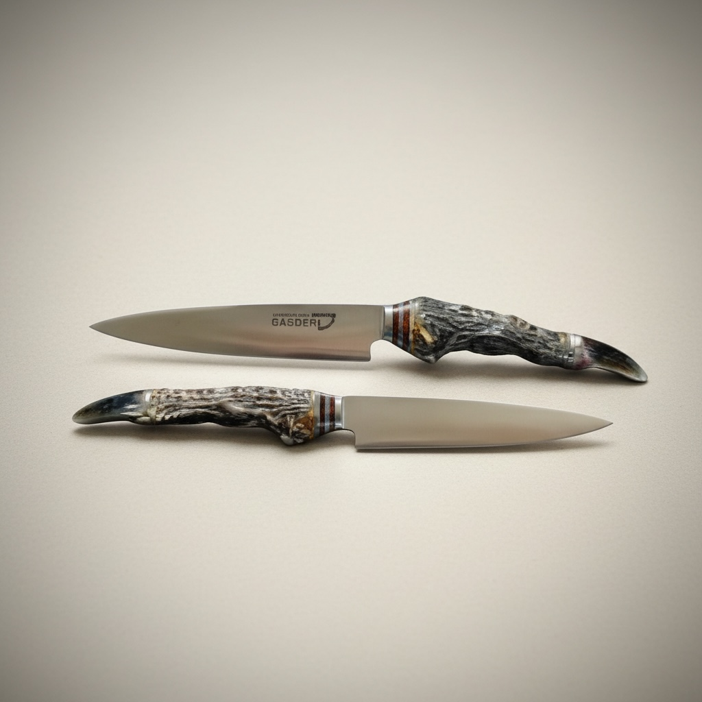 Two handmade Argentine gaucho knives with natural rhea toe handles and etched stainless steel blades