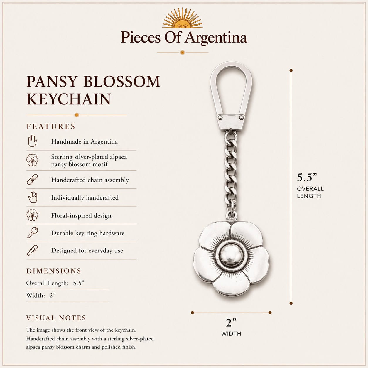Product specification card for the Pansy Blossom Keychain featuring a sterling silver-plated alpaca pansy blossom with handcrafted chain assembly, handmade in Argentina.