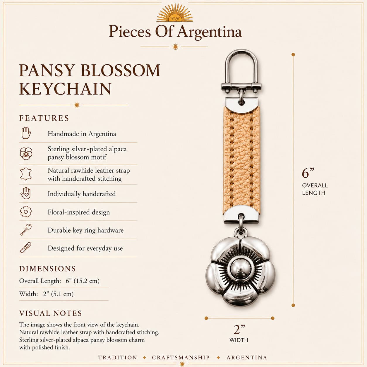 Product specification card for the Pansy Blossom Keychain featuring a sterling silver-plated alpaca flower and natural raw leather strap, handmade in Argentina.