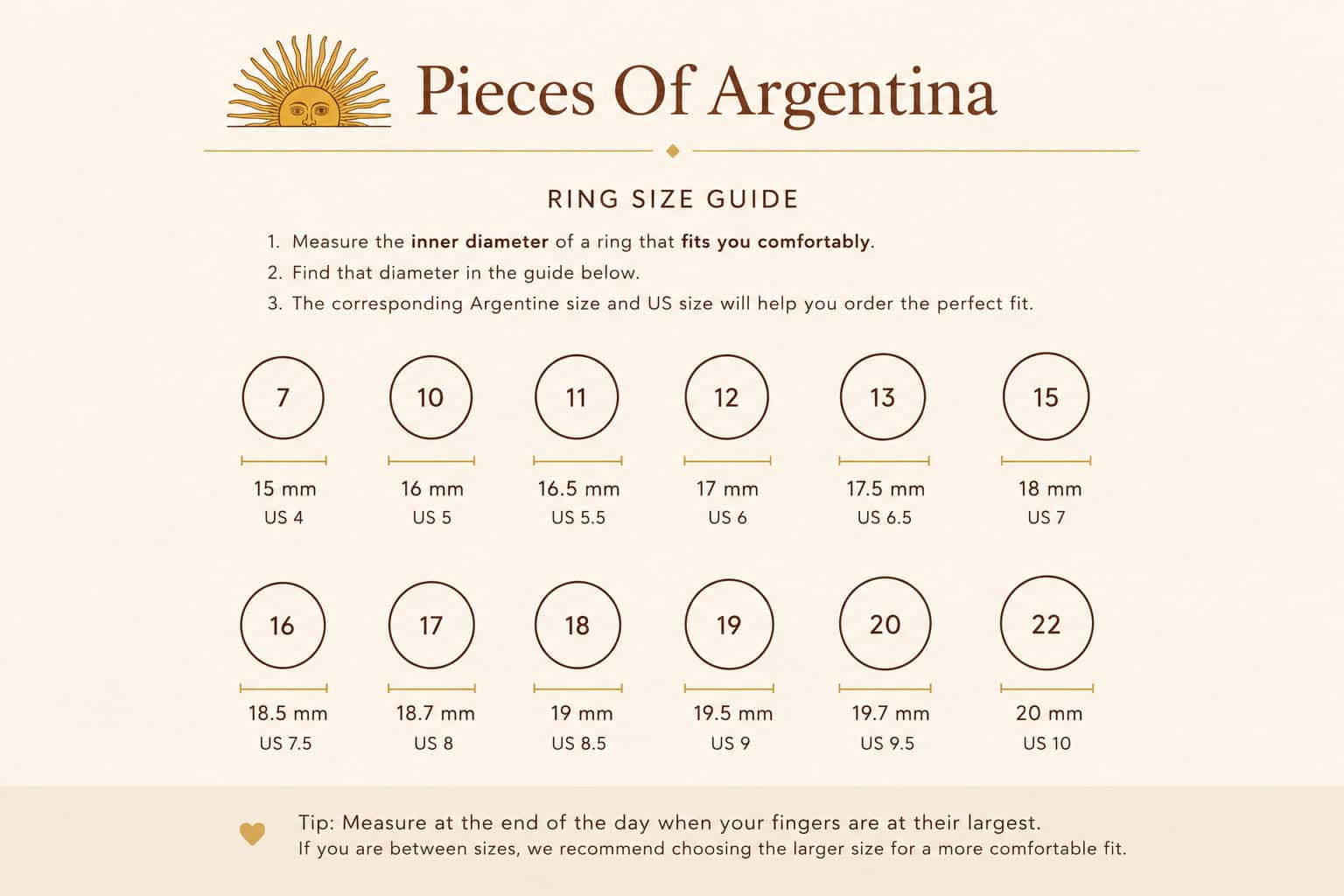 Pieces of Argentina ring size guide showing inner ring diameter measurements with Argentine and US size equivalents.