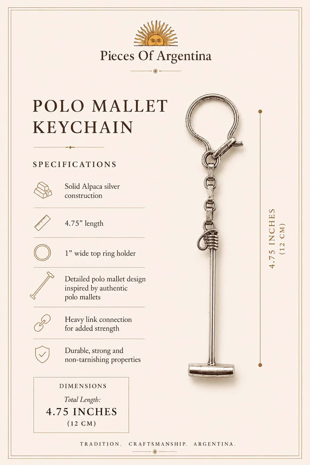 Specifications card for a handmade Argentine polo mallet keychain crafted from solid alpaca silver showing dimensions, materials and equestrian-inspired details