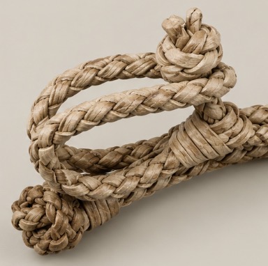 Close-up of the intricate hand-braided rawhide construction on a traditional Argentine lasso.