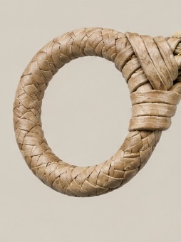 Close-up of the leather-wrapped stainless steel ring on a handmade Argentine rawhide lasso.