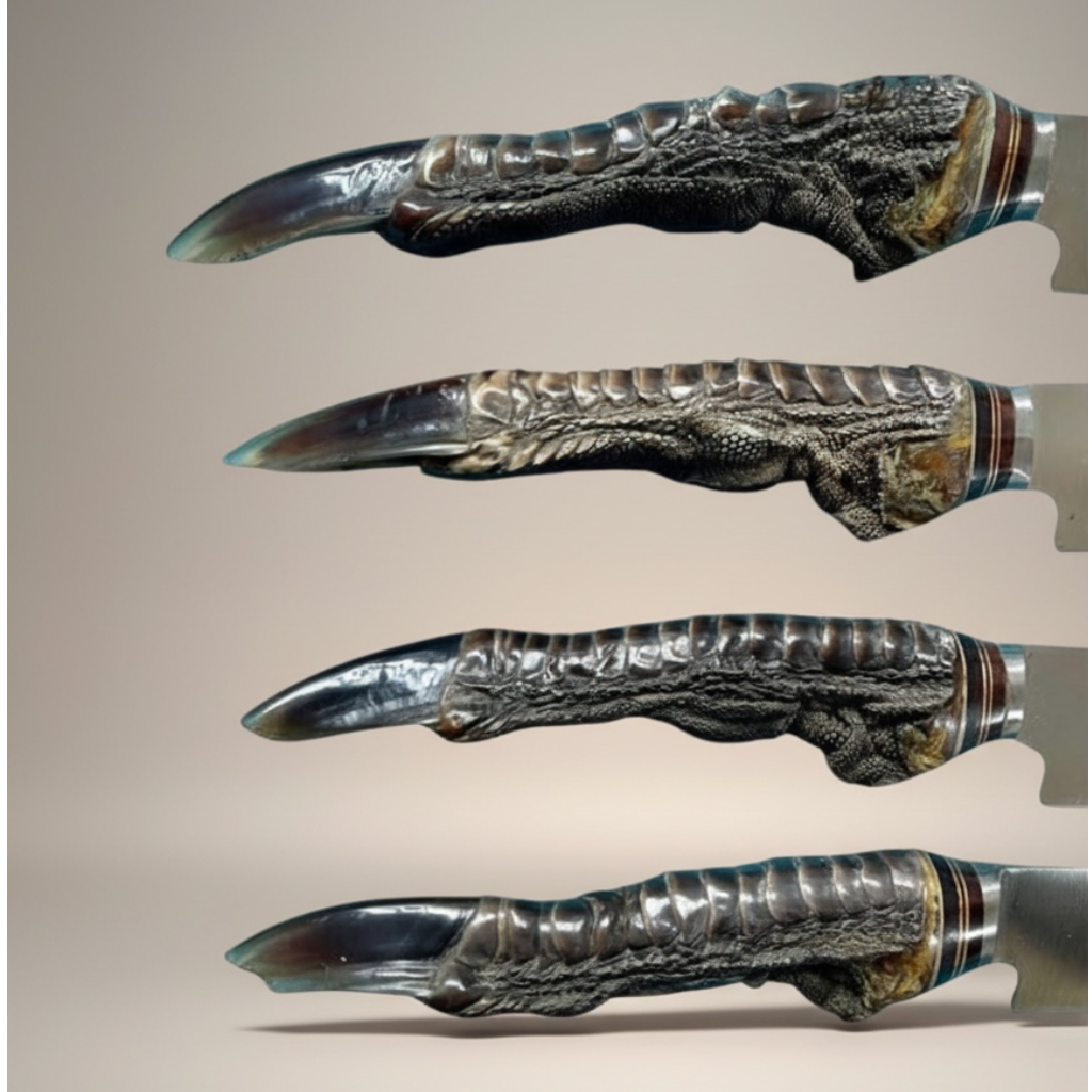 Close-up of handmade gaucho knife handles made from natural rhea toe with organic scale texture