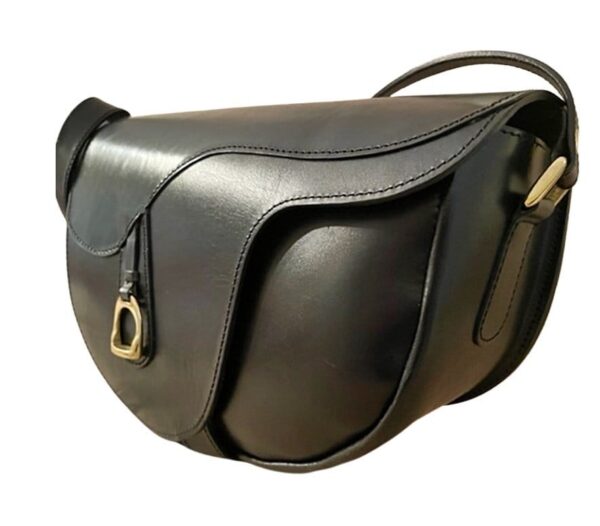 100% RICH BLACK GENUINE ARGENTINE COWHIDE LEATHER EQUESTRIAN IN A SADDLE STYLE HANDBAG WITH BRASS RIDING STIRRUP - M-4489/BK