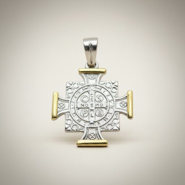 Saint Benedict coin pendant sterling silver gold accents close-up