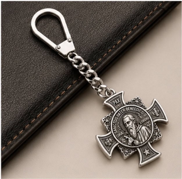 Handmade Saint Benedict cross keychain beside a black leather accessory, showing its silver finish and secure lever clasp.