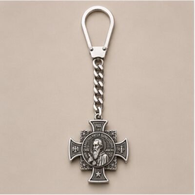 Handmade Saint Benedict cross keychain from Argentina in alpaca silver with a sterling silver finish and lever clasp.
