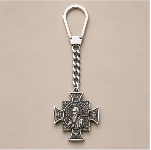 Handmade Saint Benedict cross keychain from Argentina in alpaca silver with a sterling silver finish and lever clasp.