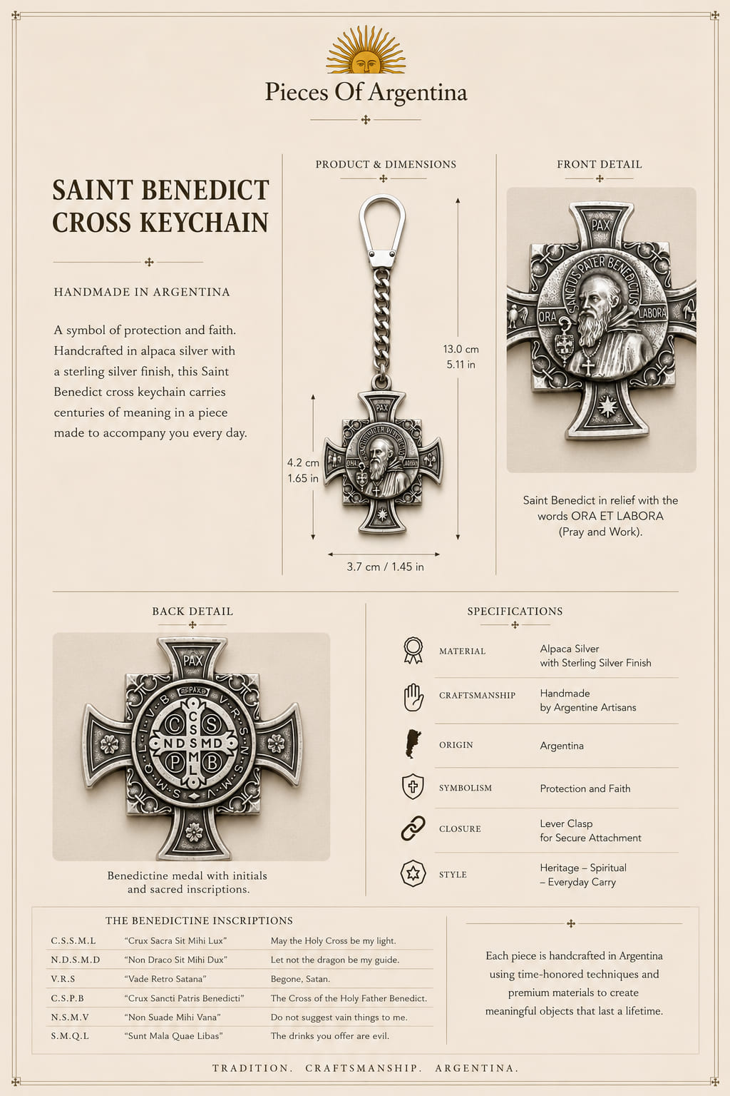 Saint Benedict cross keychain specification card showing dimensions, materials, front and back details, and the meaning of the Benedictine inscriptions.