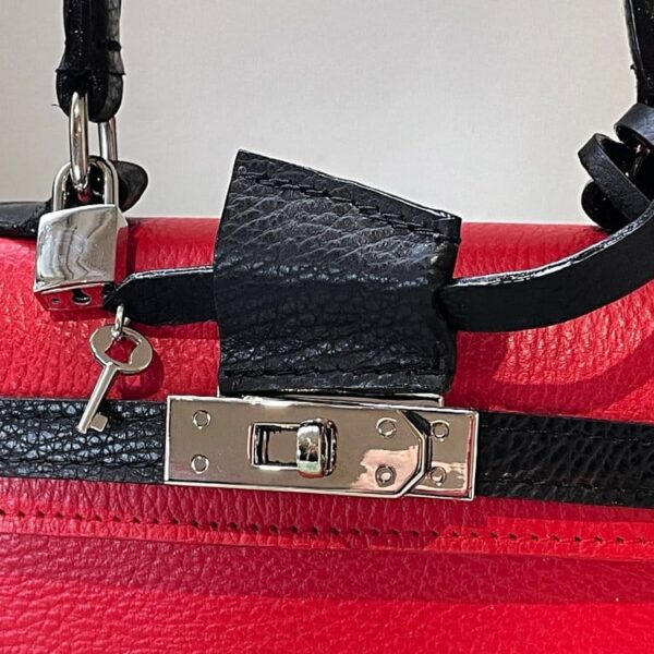 Genuine Argentine Cowhide Leather, Mini Kelly-Styled Bag, Handmade in Stunning Red Leather with Black Accents -  P/5928-Roma - Image 6