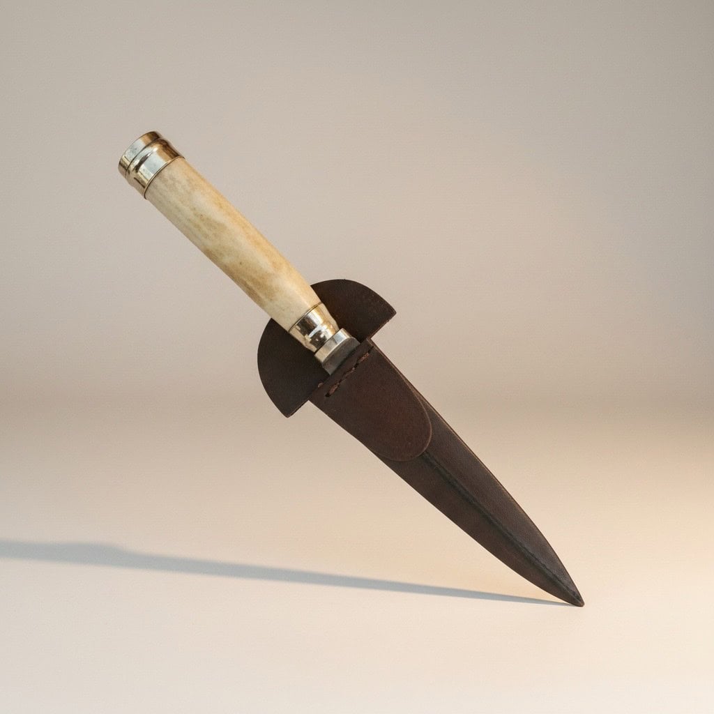 Handcrafted gaucho knife with polished antler handle and chocolate brown leather sheath