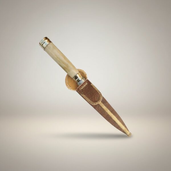 Handmade gaucho knife with polished antler handle and rawhide leather sheath