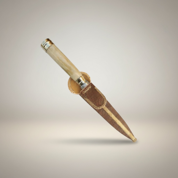 Handmade gaucho knife with polished antler handle and rawhide leather sheath