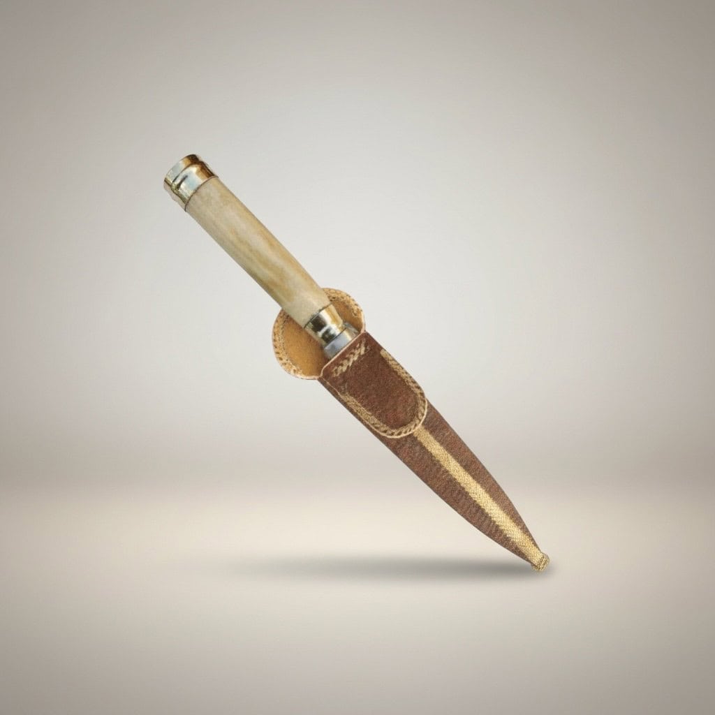 Handmade gaucho knife with polished antler handle and rawhide leather sheath