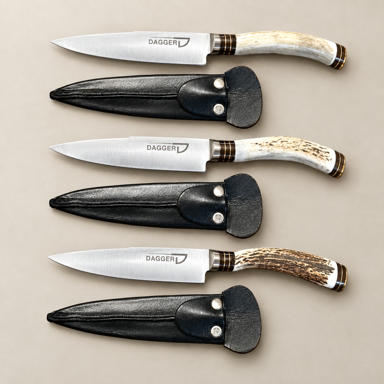 Three handmade Argentine gaucho steak knives with natural staghorn handles, 12 cm stainless steel blades and black leather sheaths.