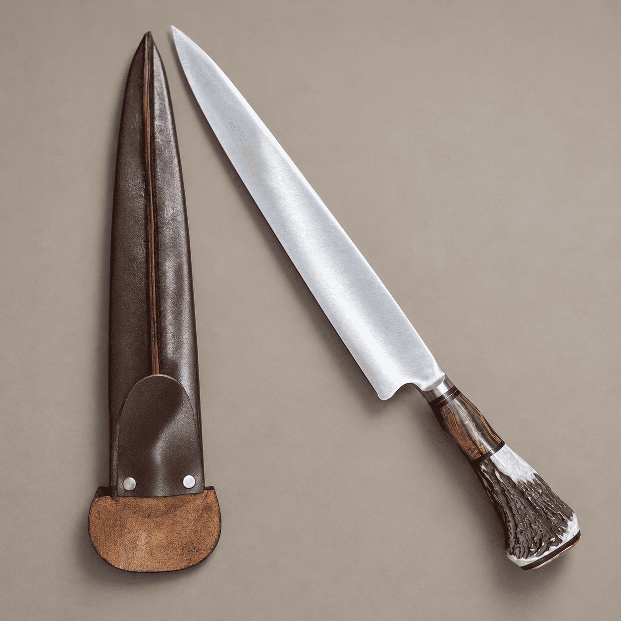 Gaucho knife with a staghorn and hardwood handle beside a chocolate leather sheath with a raised central seam and two silver rivets.