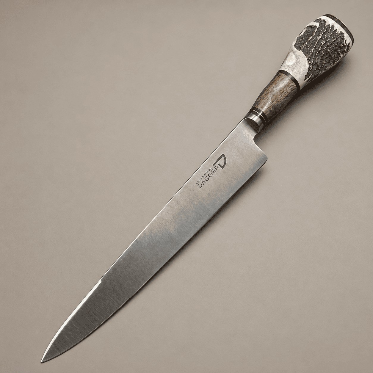 Stainless steel gaucho knife photographed diagonally, with a long DAGGER-marked blade and a flared staghorn and hardwood handle.