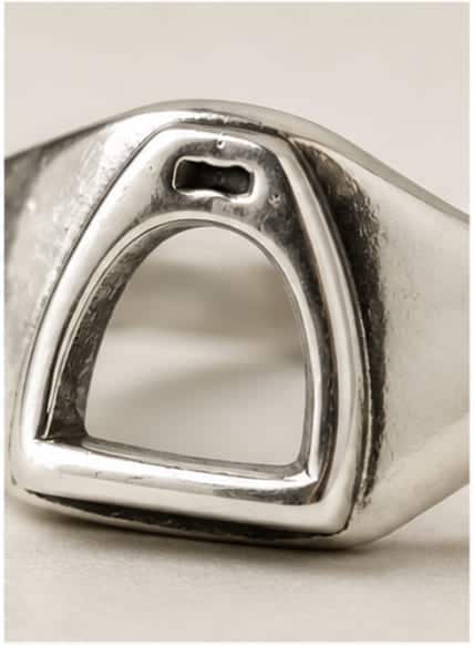 Front view of the handcrafted Sterling Silver Stirrup Ring inspired by the iconic riding stirrup.