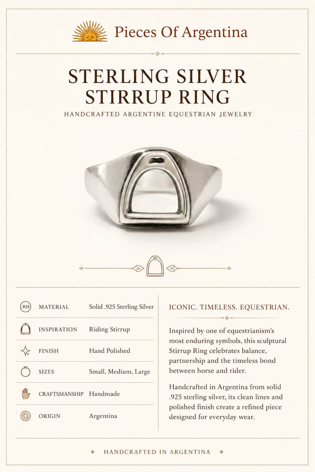 Product specification card for the handcrafted Sterling Silver Stirrup Ring, detailing material, finish, sizes, inspiration and Argentine origin.