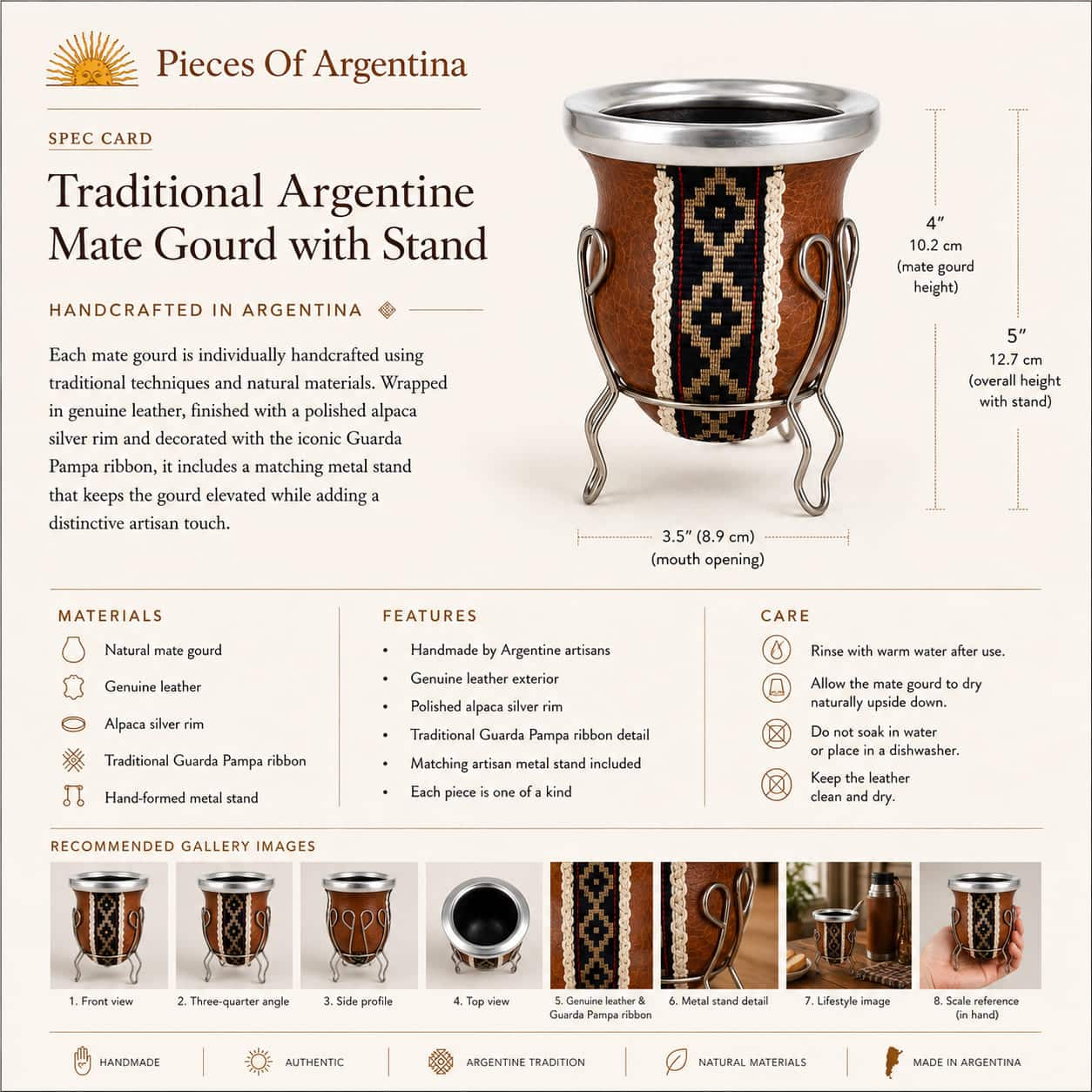 Pieces of Argentina spec card for a traditional Argentine mate gourd handcrafted in genuine leather with an alpaca silver rim, Guarda Pampa ribbon and metal stand.