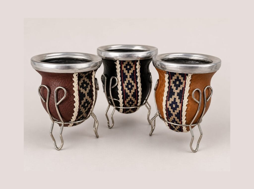 Traditional Argentine mate gourds with matching stands, handcrafted in genuine leather with alpaca silver rims and classic Guarda Pampa ribbon.