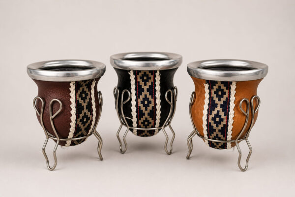 Traditional Argentine mate gourds with matching stands, handcrafted in genuine leather with alpaca silver rims and classic Guarda Pampa ribbon.