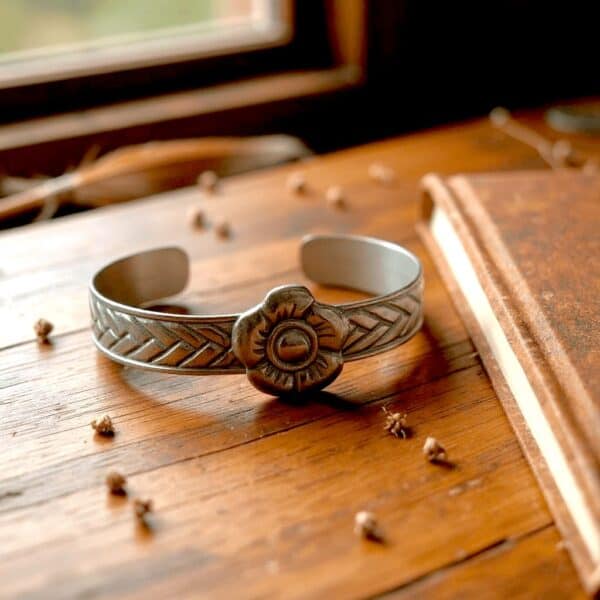 Alpaca bracelet with floral detail and braided pattern on wood background
