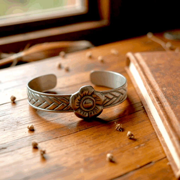 Alpaca bracelet with floral detail and braided pattern on wood background