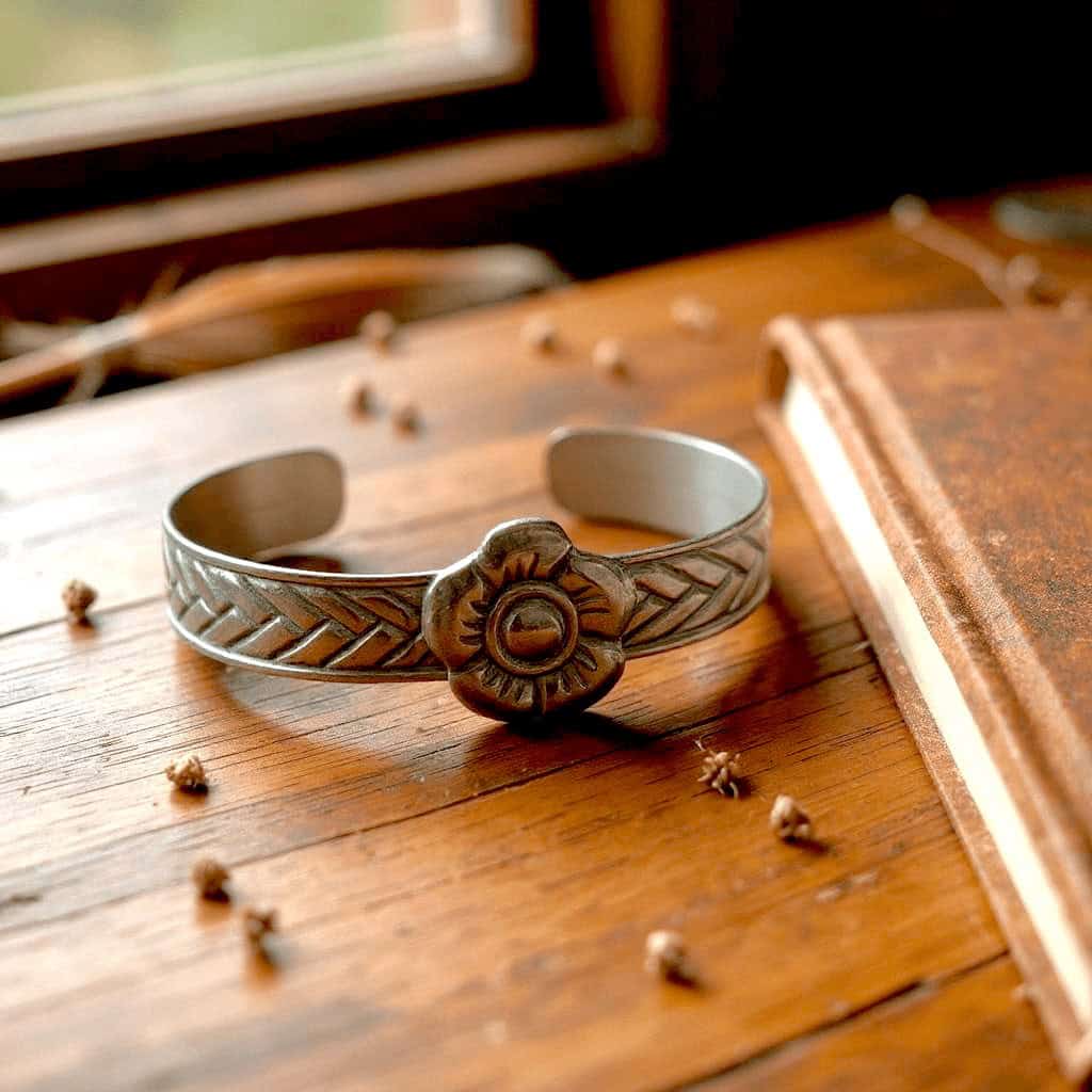 Alpaca bracelet with floral detail and braided pattern on wood background