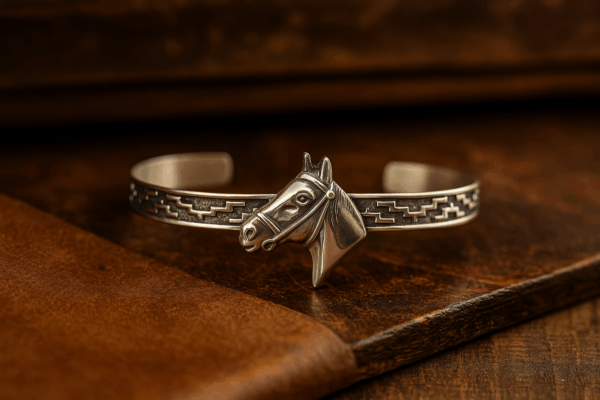 Handmade Alpaca Horse Head Bracelet displayed on wooden background