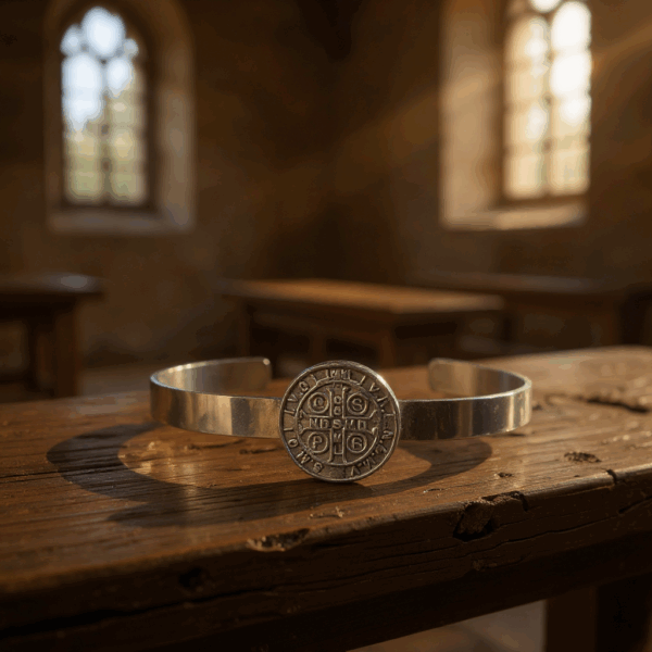 Alpaca Saint Benedict Bracelet with sterling silver plating displayed on wood.
