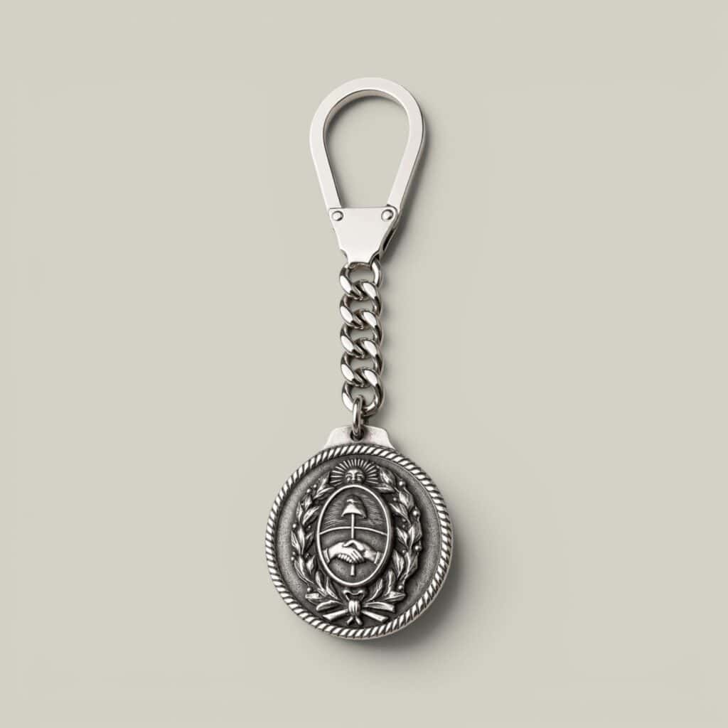 Handmade Argentine Coat of Arms keychain in alpaca silver with sterling silver finish