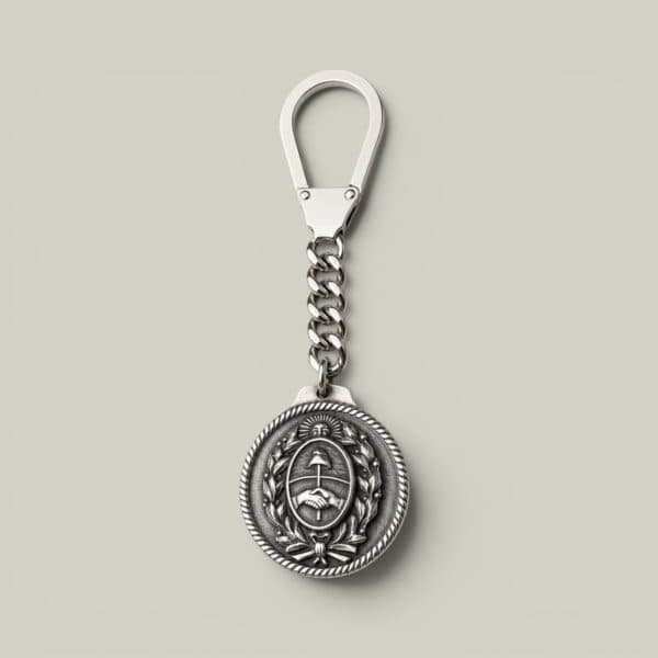 Handmade Argentine Coat of Arms keychain in alpaca silver with sterling silver finish
