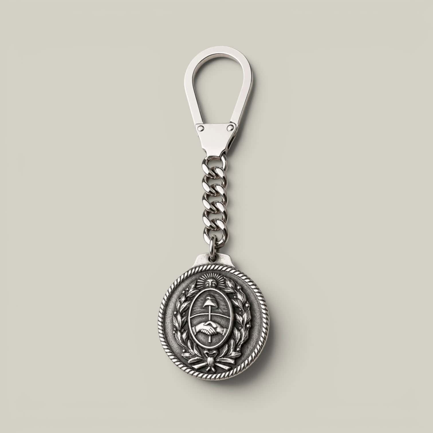 Handmade Argentine Coat of Arms keychain in alpaca silver with sterling silver finish