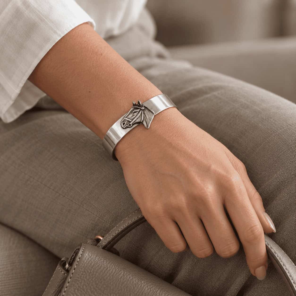 Woman resting her hand on a taupe handbag, wearing a horse head alpaca cuff finished in sterling silver