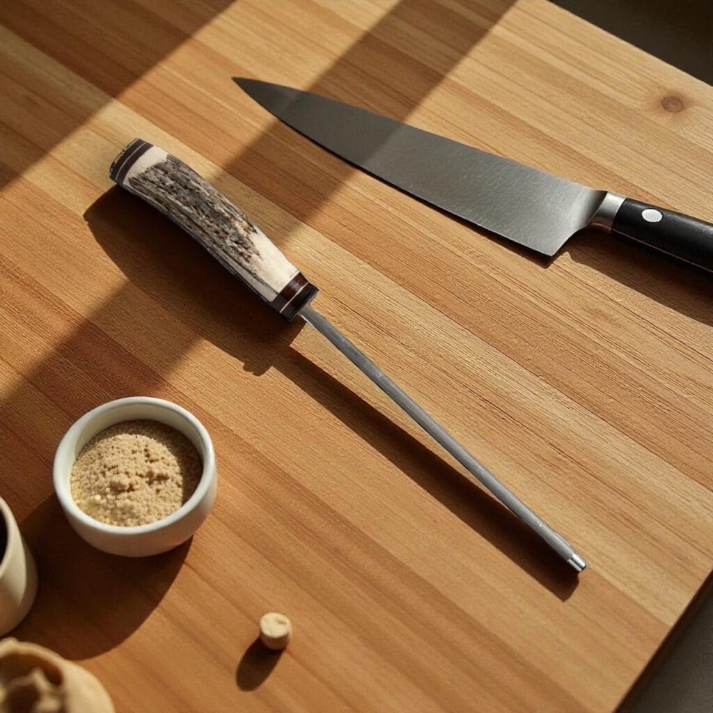 This handcrafted staghorn sharpening steel (chaira) combines functionality, tradition, and artistry in one remarkable piece. Each handle is made from genuine staghorn, polished to highlight its natural texture and unique grain. The result is a one-of-a-kind tool that feels solid, balanced, and comfortable in your hand. The 20 cm sharpening rod is forged from high-quality steel, providing the perfect length for sharpening long blades — from facones and hunting knives to fine chef’s knives. Its length ensures a smooth, controlled motion that helps maintain the blade’s original edge with precision. Each chaira is individually crafted in Argentina by artisans who preserve the gaucho legacy of knife-making. The elegant combination of staghorn, steel, and finely detailed brass rings makes this piece as beautiful as it is functional. Whether displayed alongside a traditional knife collection or used daily in the kitchen, this staghorn chaira brings authenticity, performance, and a touch of Argentine soul to every sharpening ritual. Material: Natural staghorn and forged steel Rod length: 20 cm Handcrafted in Argentina Ideal for: facones, collector knives, chef’s knives This handcrafted staghorn sharpening steel (chaira) combines functionality, tradition, and artistry in one remarkable piece. Each handle is made from genuine staghorn, polished to highlight its natural texture and unique grain. The result is a one-of-a-kind tool that feels solid, balanced, and comfortable in your hand. The 20 cm sharpening rod is forged from high-quality steel, providing the perfect length for sharpening long blades — from facones and hunting knives to fine chef’s knives. Its length ensures a smooth, controlled motion that helps maintain the blade’s original edge with precision. Each chaira is individually crafted in Argentina by artisans who preserve the gaucho legacy of knife-making. The elegant combination of staghorn, steel, and finely detailed brass rings makes this piece as beautiful as it is functional. Whether displayed alongside a traditional knife collection or used daily in the kitchen, this staghorn chaira brings authenticity, performance, and a touch of Argentine soul to every sharpening ritual. Material: Natural staghorn and forged steel Rod length: 20 cm Handcrafted in Argentina Ideal for: facones, collector knives, chef’s knives A timeless companion for those who appreciate craftsmanship and tradition.
