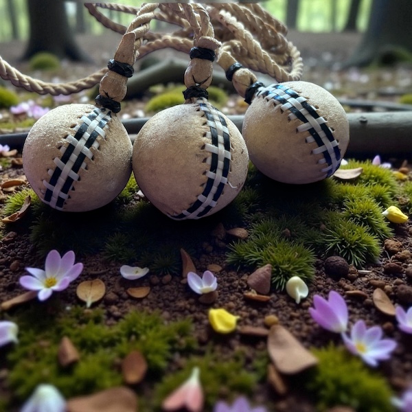 Traditional Argentine boleadoras with detailed black and white stitching.