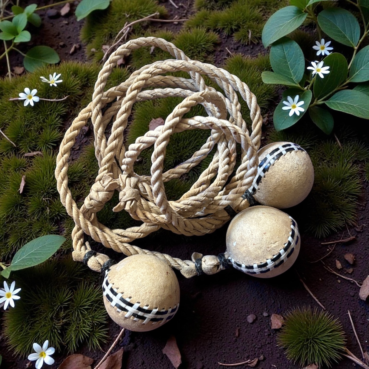 Traditional Argentine boleadoras with detailed black and white stitching.