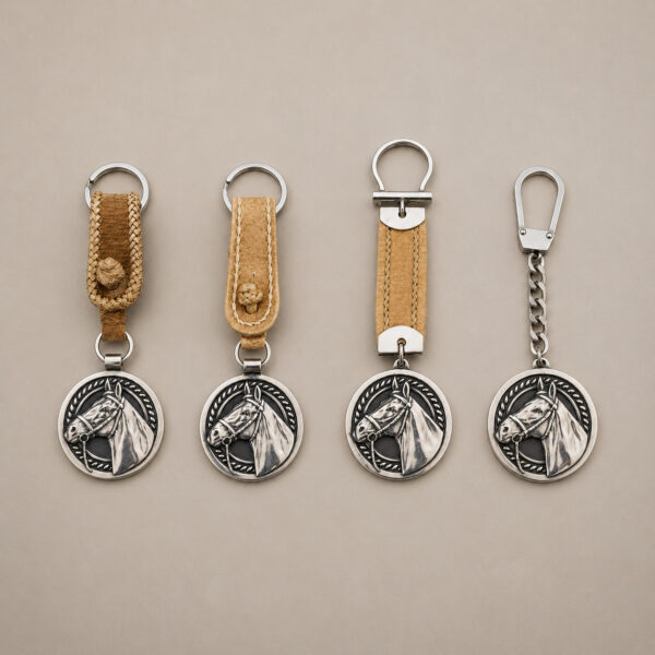 Four handmade Argentine horse head keychains featuring identical alpaca medallions with a sterling silver finish, shown in braided rawhide, stitched rawhide, rawhide strap, and chain styles.
