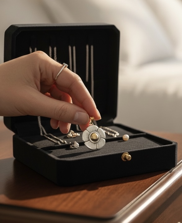 Hand reaching into a jewelry box to take the sterling silver and 18k gold flower pendant