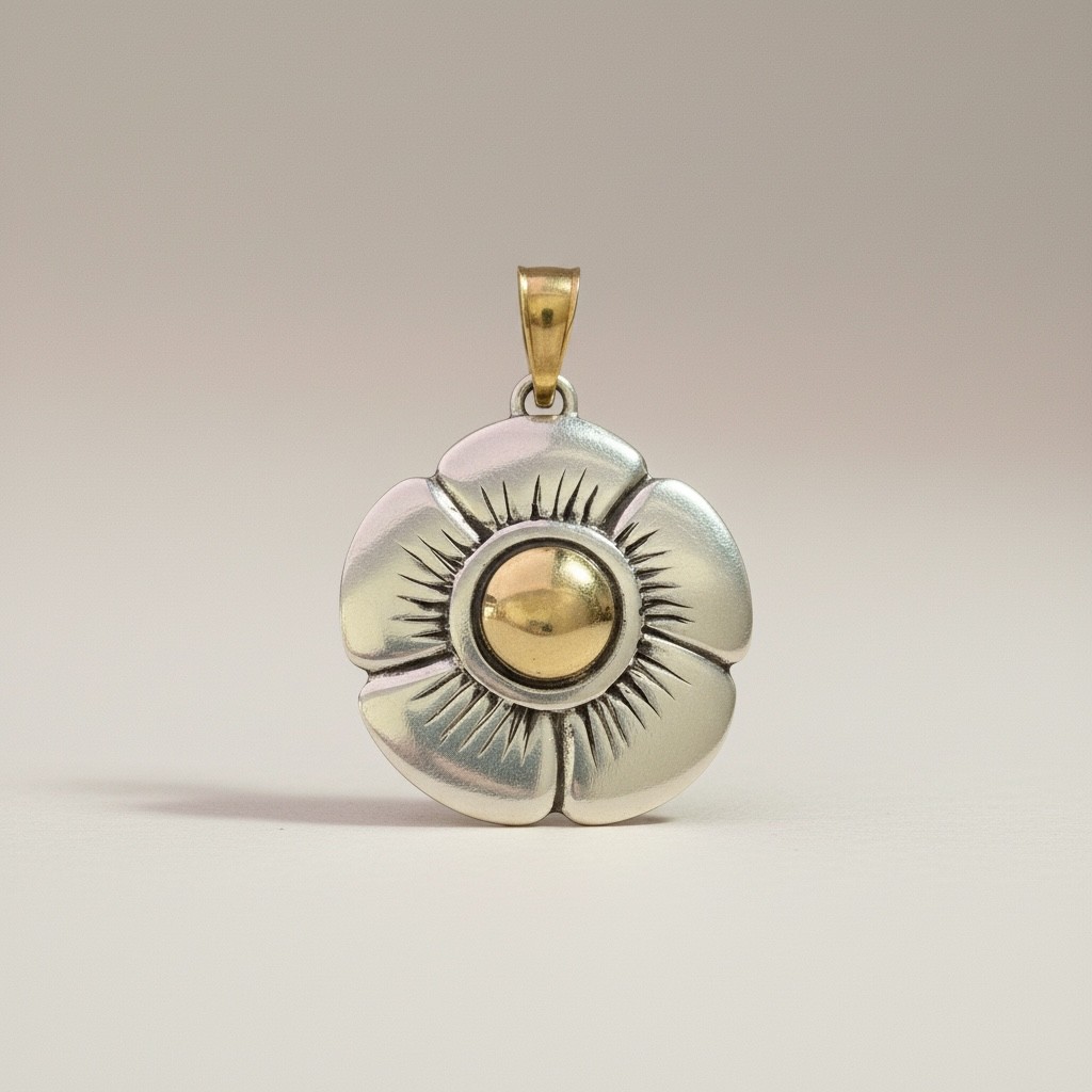 Pansy flower pendant crafted in sterling silver with yellow gold details on a clean background