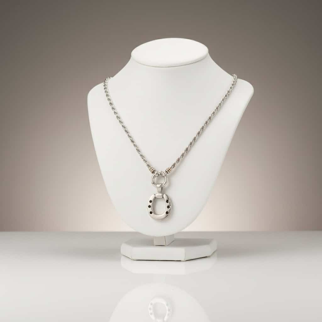 Sterling silver horseshoe pendant with chain display stand