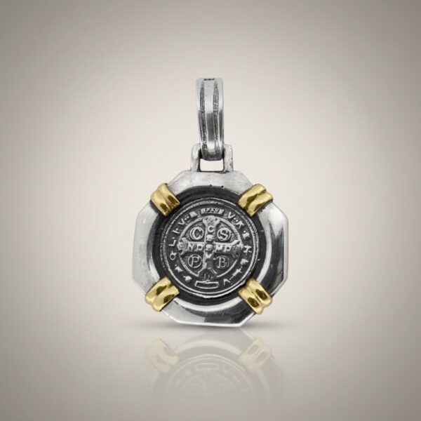 Saint Benedict medal pendant in sterling silver with gold accents front view