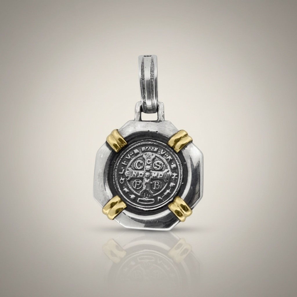 Saint Benedict medal pendant in sterling silver with gold accents front view
