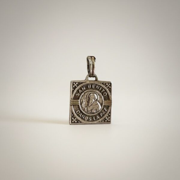 Saint Benedict sterling silver square pendant front view